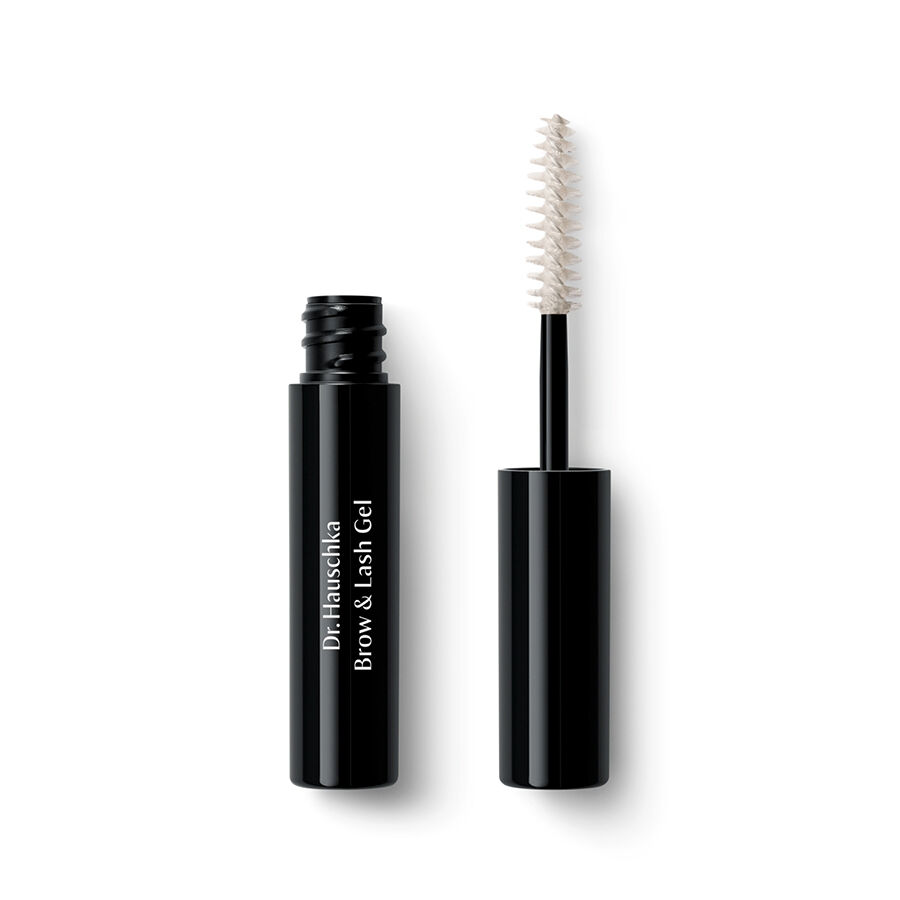 Schwarzes Fläschchen Brow & Lash Gel von Dr. Hauschka Naturkosmetik, offenes Bürstchen