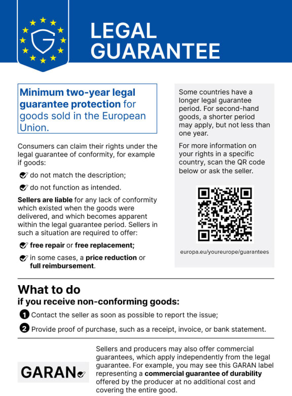 Legal guarantee notice: minimum two-year EU protection with explanatory text and QR code
