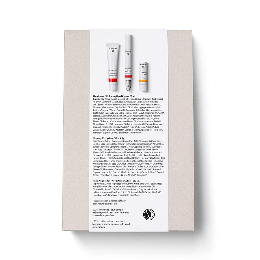 Dr. Hauschka christmas 2025 gift set gentle touch back of packaging Seite, Text, Werbung, Plakat