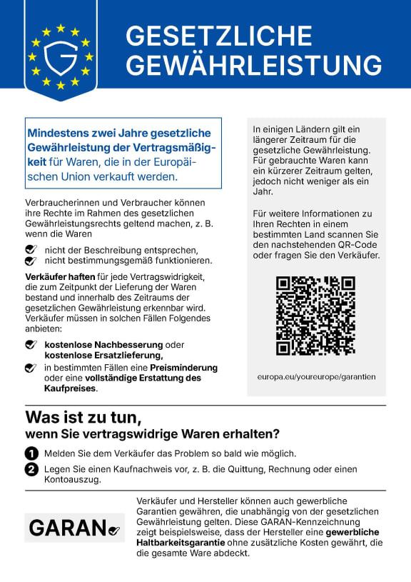 Informationsblatt 'Gesetzliche Gewährleistung' mit QR‑Code und Handlungshinweisen.