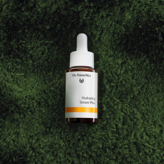 Hydrating Serum Plus from Dr. Hauschka Natural Skincare in brown dropper bottle