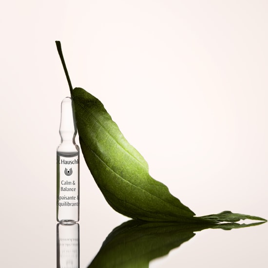 Calm & Balance Ampulle von Dr. Hauschka Naturkosmetik mit grünem Blatt