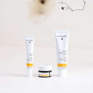 Augencreme Dr. Hauschka Naturkosmetik neben Lippenbalsam und Rosen Tagescreme leicht