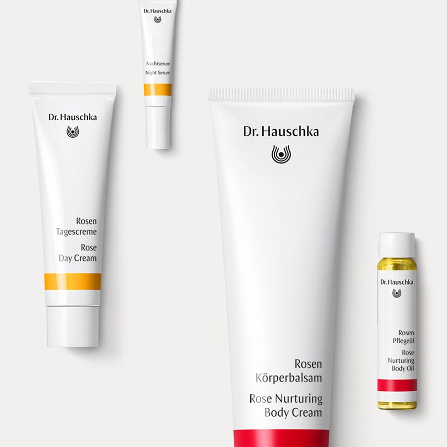 Rosen Körperbalsam von Dr. Hauschka Naturkosmetik mit Rosen Tagescreme, Nachtserum und Pflegeöl