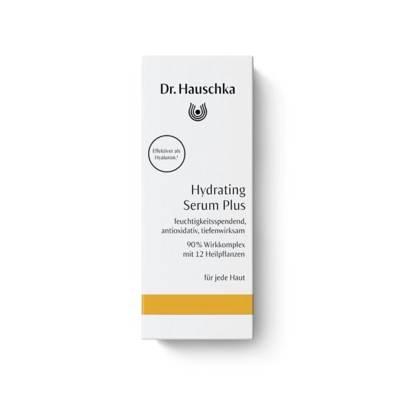 Hydrating Serum Plus von Dr. Hauschka Naturkosmetik, braune Glasflasche mit weißem Tropfer