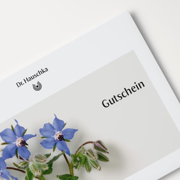Gift voucher from Dr. Hauschka Natural Skincare with blue borage flowers