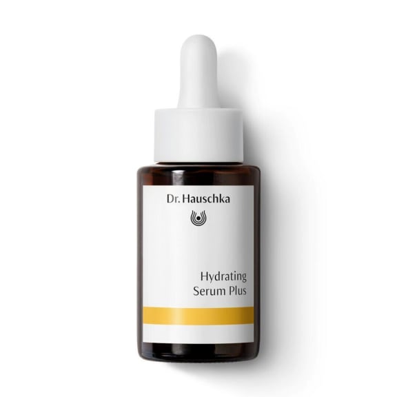 Hydrating Serum Plus von Dr. Hauschka Naturkosmetik, braune Glasflasche mit weißem Tropfer